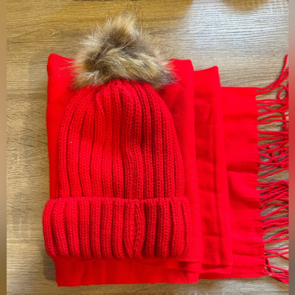 Red Knit Beanie and Scarf Set
